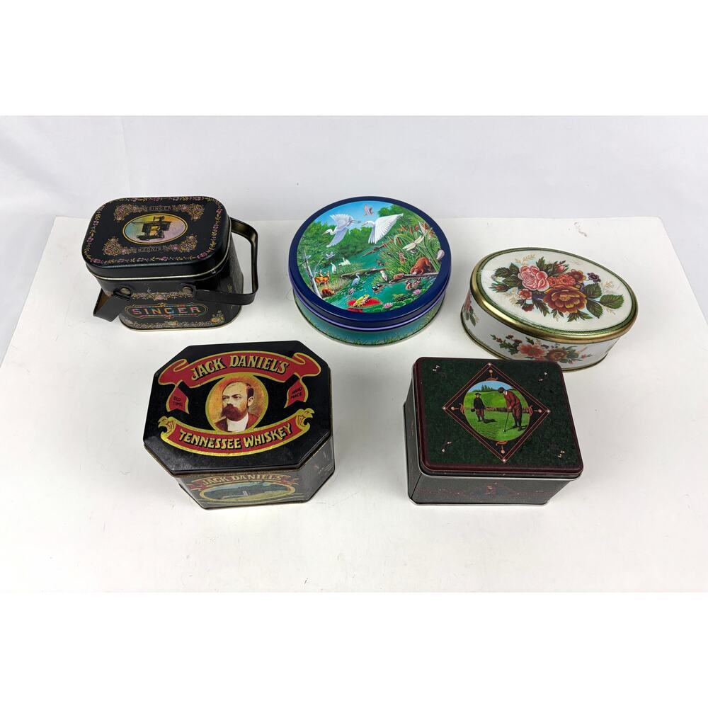 Vintage Tin Metal Boxes Singer‎ Lot of 5 Jack Daniels Floral 1970s